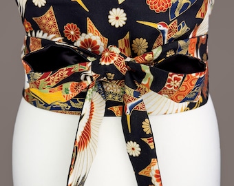 Reversible Japanese Obi Belt: Red Crane & Gold Floral, Black Duchess Satin