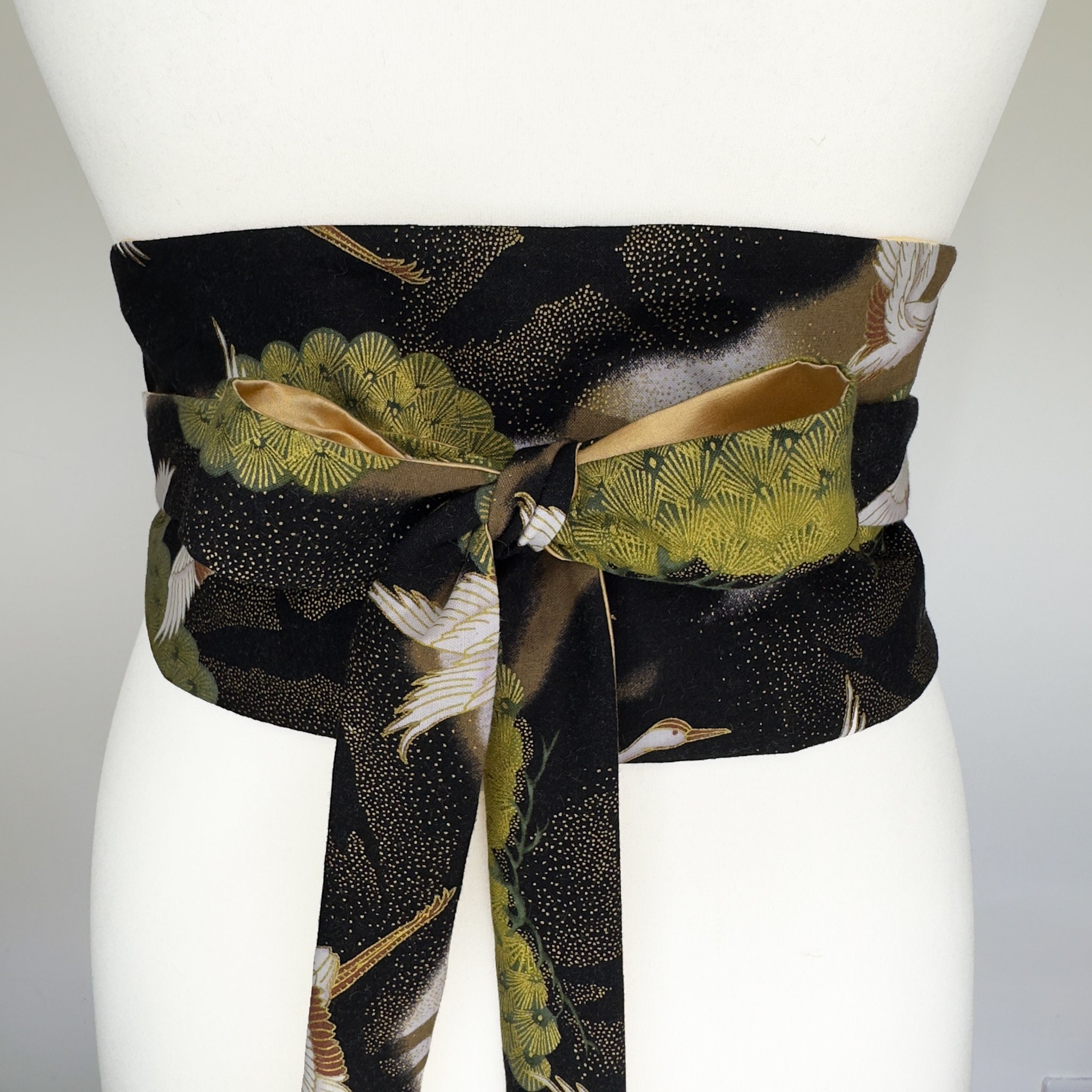 Obi Style Belt - Japanese Red Crowned Crane & Pine Kimono Pattern - Lined With Duchess Satin