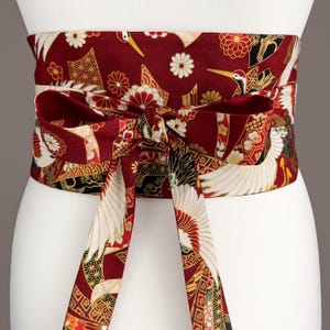 Reversible Japanese Obi Belt – Red Crane & Gold Floral Pattern with Red Duchess Satin