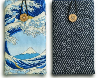 Handmade Japanese cotton phone sleeve — Great Wave or Indigo Sayagata — made-to-order, custom size — Handmade by me (UK)