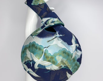Handcrafted Blue Japanese Knot Bag With Red-Crowned Crane and Pine Pattern - Lined in Teal Duchess Satin