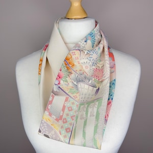 Vintage Japanese Kimono Silk Infinity Scarf – Cream to Peach Ombre with Pastel Florals and Flower Cart Motif