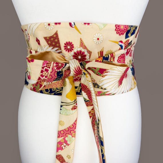 Handmade Japanese style Obi belt cream red One Size 100% Linen Obi Belt, Wrap Waist Belt for Dress, Kimono or  main image 4