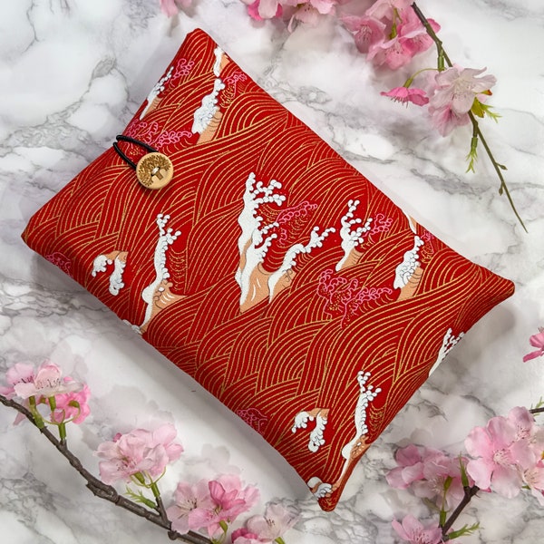 Japanese Cotton Book Sleeve - Red & Gold Great Wave Pattern - Readers Gifts - Book Lovers Gift - Book Pouch