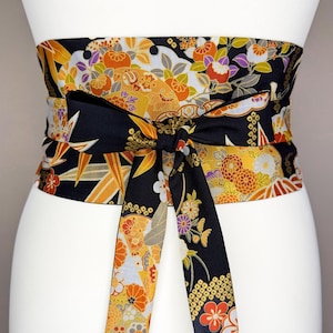 Reversible Obi Style Belt - Japanese Bamboo & Floral Pattern - Lined With Duchess Satin