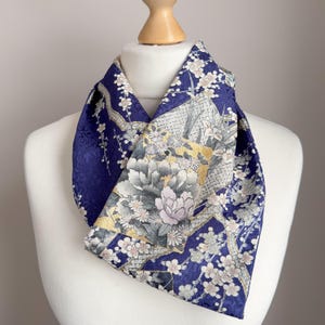 Upcycled Japanese Kimono Silk Infinity Scarf – Indigo with Floral and Gold Accents