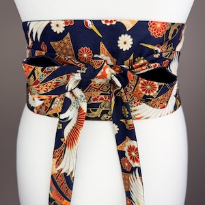 Reversible Japanese Obi Belt – Red Crane & Gold Floral Pattern - Blue Background with Blue Duchess Satin