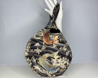 Koi & Great Wave Pattern Large Japanese Knot Bag With Gold Details