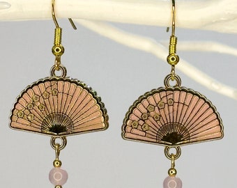 Enamel Fan Earrings With Pink Jade Beads