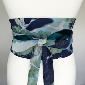 Obi Style Belt - Japanese Red Crowned Crane & Pine Kimono Pattern - Lined With Duchess Satin