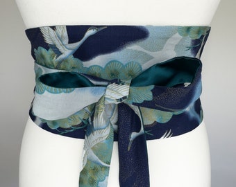 Obi Style Belt - Japanese Red Crowned Crane & Pine Kimono Pattern - Lined With Duchess Satin