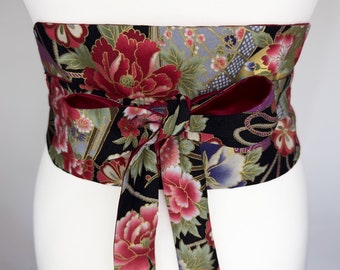 Obi Style Belt - Japanese Gold Fan Kimono Pattern - Lined With Duchess Satin