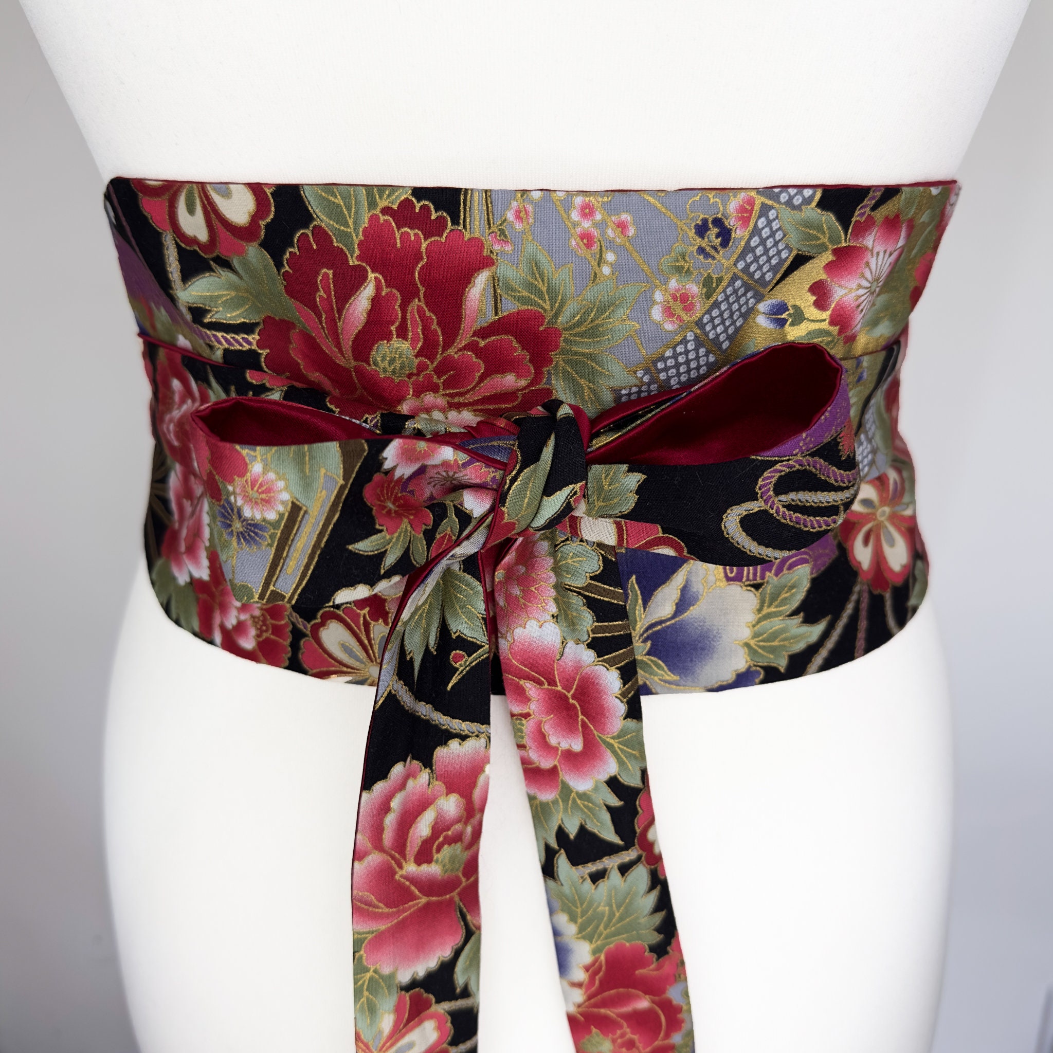 Obi Style Belt - Japanese Gold Fan Kimono Pattern - Lined With Duchess Satin