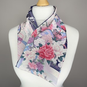 Upcycled Japanese Kimono Silk Infinity Scarf – Soft Pink with Peonies & Plum Blossoms