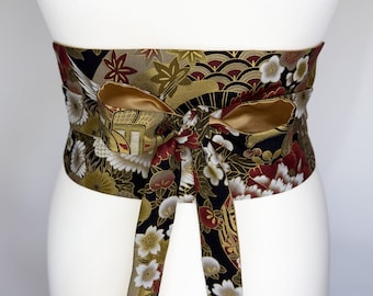 Obi Style Belt: Japanese Crane & Gold Floral Kimono, Duchess Satin Lined