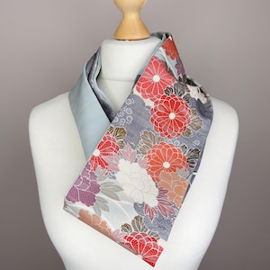 Upcycled Japanese Kimono Silk Infinity Scarf – Soft Blue with Chrysanthemums & Peonies