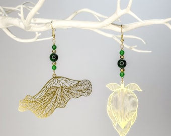 Mismatched Earrings - Lotus Bud & Leaf In Gold Coloured Metal With Jade Beads