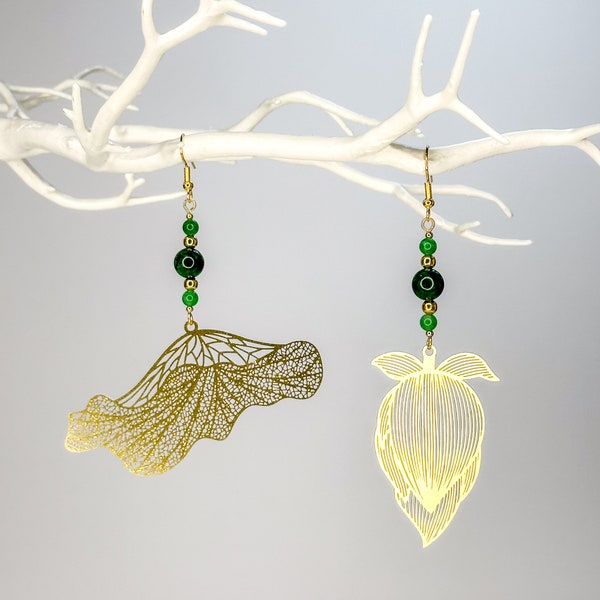 Mismatched Earrings - Lotus Bud & Leaf In Gold Coloured Metal With Jade Beads