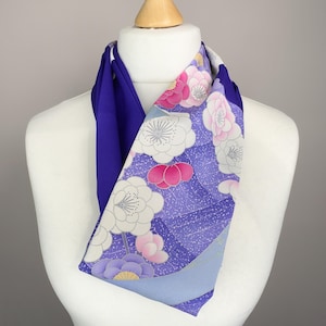 Japanese Kimono Silk Infinity Scarf – Purple with White & Pink Plum Blossoms | Upcycled Silk | Handmade | One of a Kind Gift