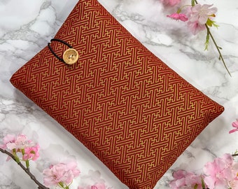 Japanese Cotton Book Sleeve - Book Protector  - Red & Gold Sayagata Pattern - Mothers Day Gifts - Readers Gifts - Book Lovers Gift