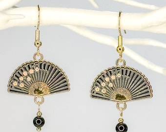 Enamel Fan Earrings With Black Obsidian Beads