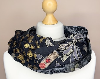 Foulard à l'infini en coton japonais traditionnel - Foulard style boro - Foulard à l'infini noir et doré