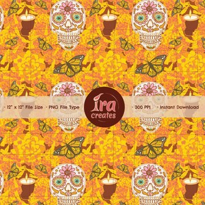 May include: A repeating pattern featuring sugar skulls with floral accents, butterflies, and candles on a yellow background. The design includes the text "Ira creates" and file details. The file size is 12" x 12".