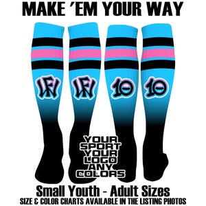 May include: Four athletic socks with a blue and black gradient design. Each sock has a pink stripe and a white logo or number. Text at the top says "MAKE 'EM YOUR WAY". The bottom text says "Small Youth - Adult Sizes".