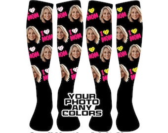 Mother's Day Photo Socks, Custom Knee High/OTC, Baseball, Softball, Tournaments, I Love Mom, Heart Mom, Personalized Face, Gift