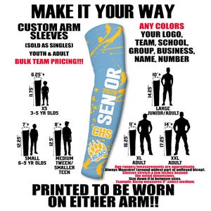 May include: Light blue custom arm sleeve with yellow paint splatter design. Features the text "SENIOR 2026 CHS BEARS". Available in youth and adult sizes, with measurements ranging from 11.75" to 17.25" in length.