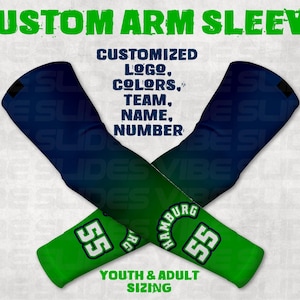 May include: Two green and blue arm sleeves with a white number 55 and the word "Hamburg" on one sleeve. The sleeves are for youth and adult sizing.