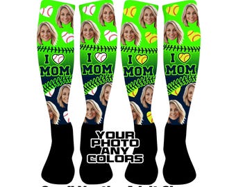 Mother's Day Photo Socks, Custom Knee High/OTC, Baseball, Softball, Tournaments, I Love Mom, Heart Mom, Personalized Face, Gift