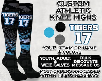Custom Athletic Knee High Socks • Personalized Compression • Sports Team Baseball Socks Volleyball Softball Basketball Derby Cheer Football