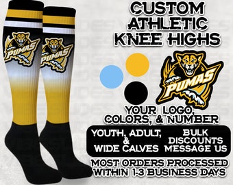 Custom Athletic Knee High Socks • Personalized Compression • Sports Team Baseball Socks Volleyball Softball Basketball Derby Cheer Football