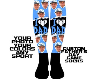 Custom I Heart Dad Knee High Photo Socks, Love My Dad, Father's Day Game, Tournament, Sports Team, Baseball, Softball, Soccer, Face, Picture