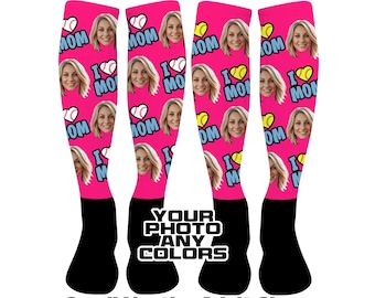 Mother's Day Photo Socks, Custom Knee High/OTC, Baseball, Softball, Tournaments, I Love Mom, Heart Mom, Personalized Face, Gift