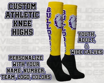 Custom Athletic Knee High Socks • Personalized Compression • Sports Team Baseball Socks Volleyball Softball Basketball Derby Cheer Football