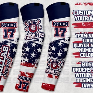 Personalized Athletic Arm Sleeves • Custom Sports Team Sleeves • Cooperstown Allstars Softball Baseball • Stars Stripes American Flag