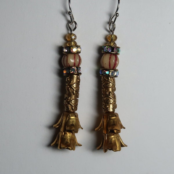 Bronze Tulip & Elegant Embossed Column w/ Red and Rondelle Bead Earrings, Handmade, One-of-a-Kind, Friend Gift, Special Gift, Artisan Gift