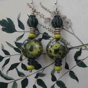Chartreuse Green Black Speckled Ceramic & Dark Green Glass Bead Earrings, Handmade, One-of-a-Kind, Friend Gift, Special Gift, Artisan Gift