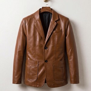 Men's Leather Jacket Dress Suit Coat Men Business Casual Blazers Leather Blazer Man Genuine Leather Jackets image 1