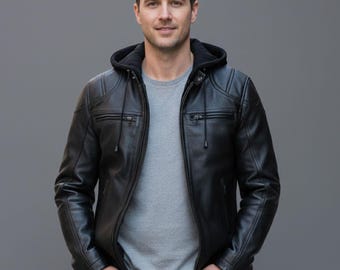 Men Leather Jacket Riding Biker Coat Motorbike Jackets Motorcycle Genuine Cowhide Hood Jacket