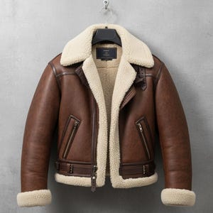 Shearling Brown Leather Jacket Genuine Luxurious Sheepskin Fur Leather B3 Bomber Leather Modern Aviator Jackets