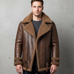 Lammfell Braun Ledermantel Echtes Schaffell Fell Leder B3 Bomber Ledermantel Moderne Fliegerjacke für Herren