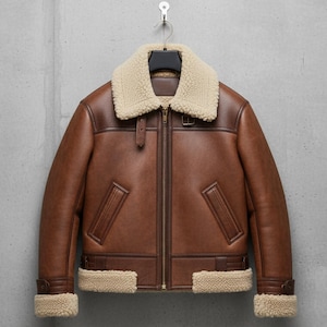 Shearling Brown Leather Jacket Genuine Classic Sheepskin Fur Leather B3 Bomber Leather Aviator Jackets For Men