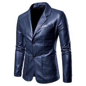 May include: A navy blue leather blazer with a classic two-button closure, notched lapels, and two front pockets. The jacket has long sleeves and a tailored fit, suitable for various occasions.