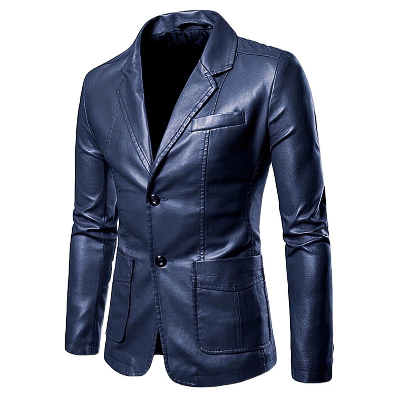 May include: A navy blue leather blazer with a classic two-button closure, notched lapels, and two front pockets. The jacket has long sleeves and a tailored fit, suitable for various occasions.