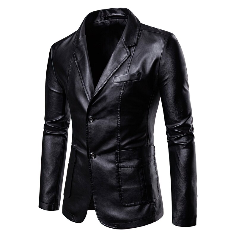 May include: A black leather blazer with a notched lapel, two-button closure, and two front pockets. The jacket has a classic design and a tailored fit. The blazer is made of a smooth, shiny material.