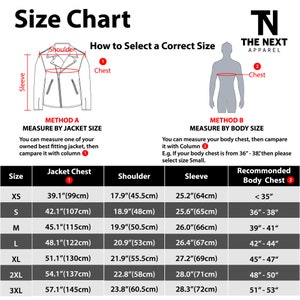 May include: Size chart for jackets, featuring measurements for chest, shoulder, and sleeve in inches and centimeters. Includes a diagram illustrating how to measure for the correct size. The chart provides sizes from XS to 3XL, with corresponding body chest recommendations.
