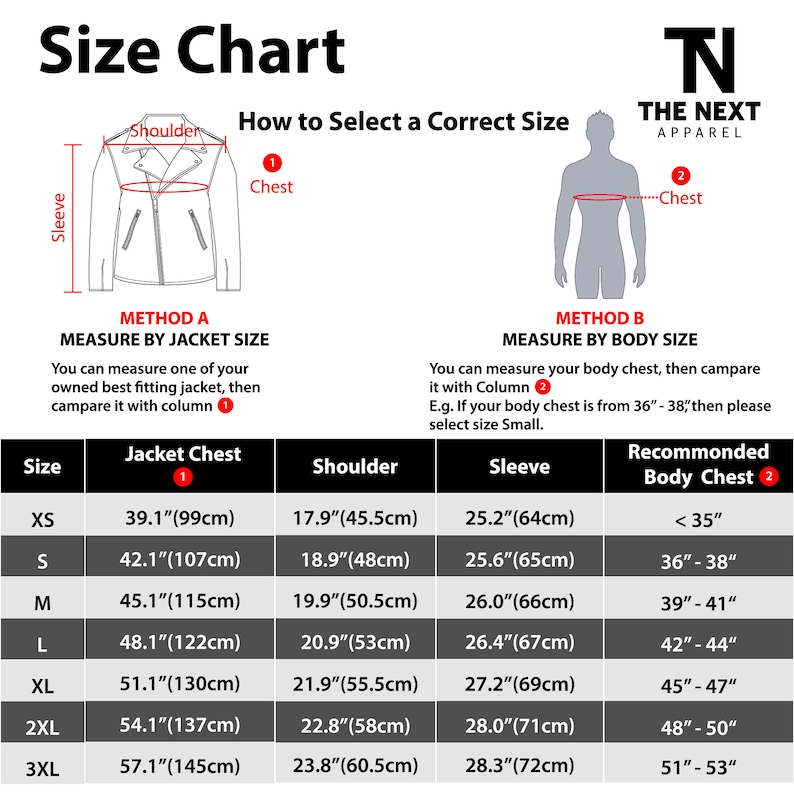 May include: Size chart for jackets, featuring measurements for chest, shoulder, and sleeve in inches and centimeters. Includes a diagram illustrating how to measure for the correct size. The chart provides sizes from XS to 3XL, with corresponding body chest recommendations.